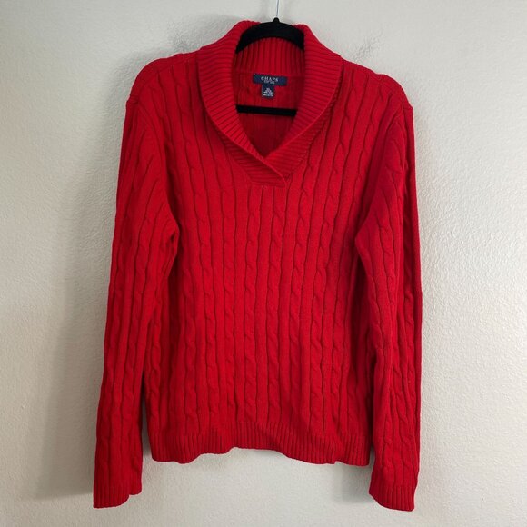 Chaps Womens XL Red Cable Knit Sweater Cotton Shawl Collar Long Sleeve - Picture 5 of 7